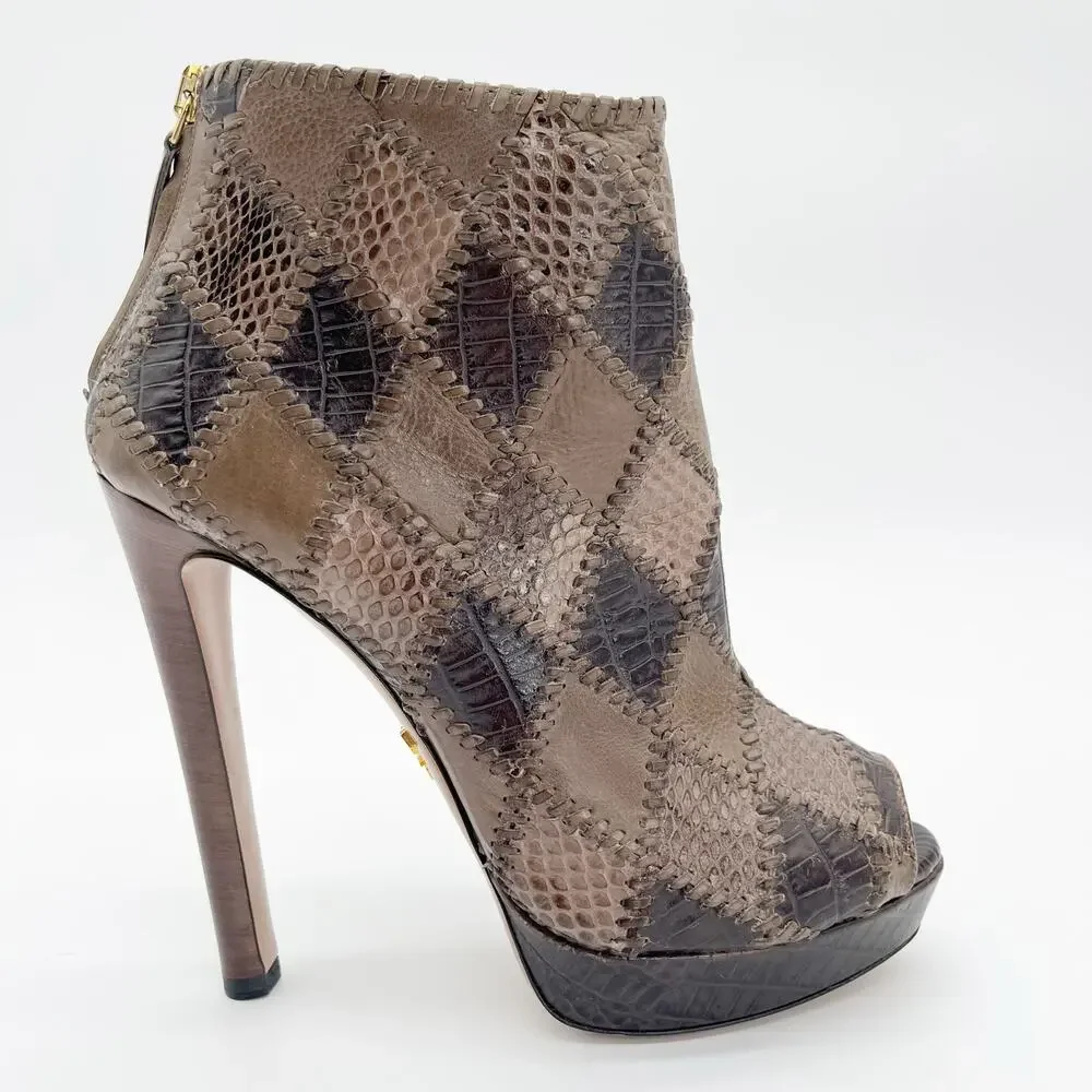 Prada Taupe Brown Mixed Croc Snakeskin Embossed Patchwork Peep Toe Booties IT 38